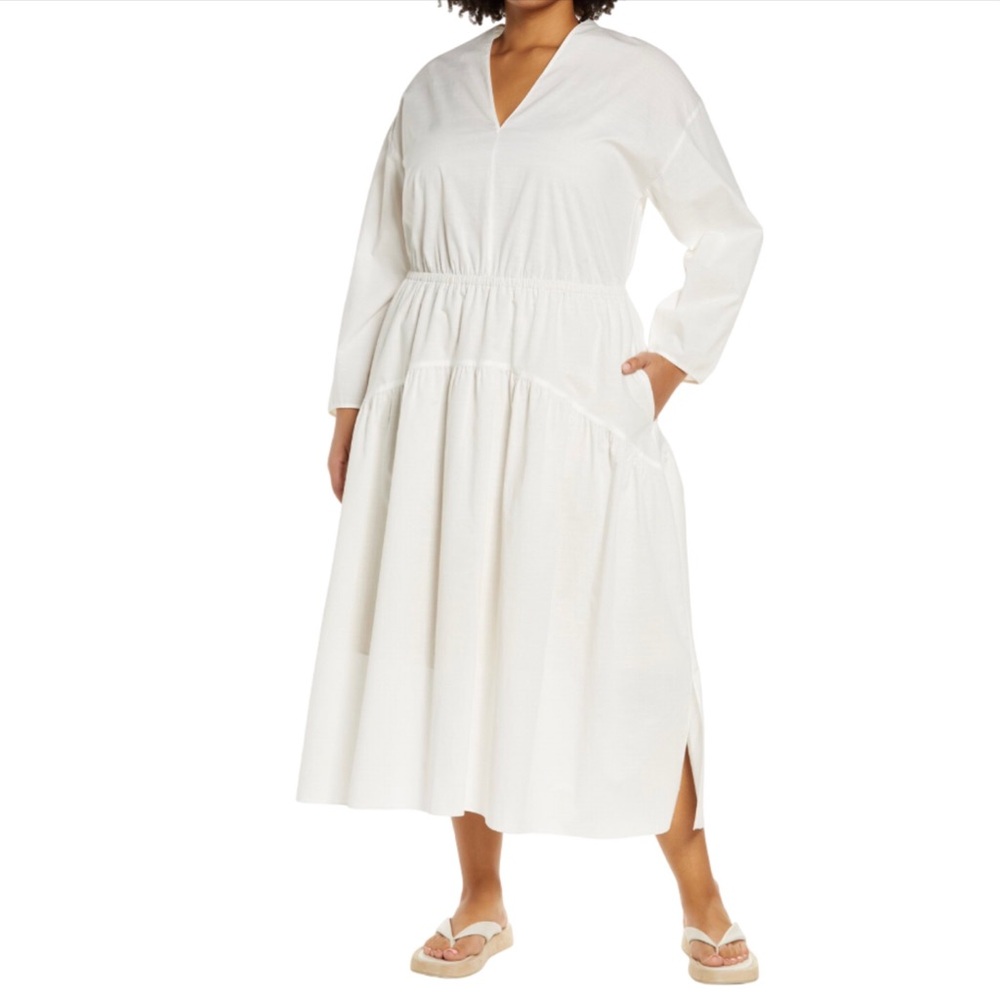Vince Double V Neck Long Sleeve Dress White Cotton Midi Size 1X